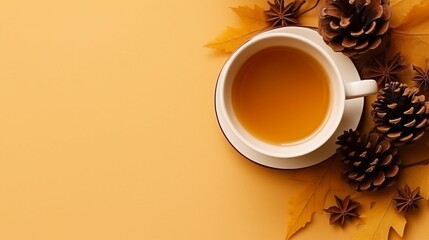Warm Autumn Vibes: Cozy Conceptual Still Life Photo of a Tea Cup on Wooden Table, Embracing Seasonal Aroma and Relaxation at Home