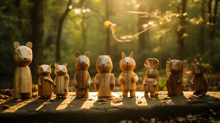 wooden statues on a ground in forest  - obrazy, fototapety, plakaty