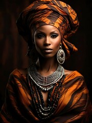 Portrait of a beautiful African woman in African modern dress on dark studio background, fashion and beauty concept
