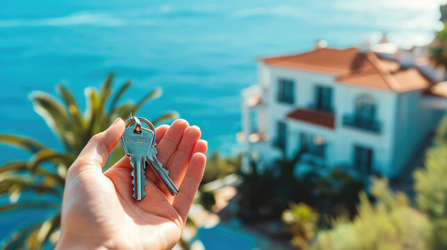 Real estate agent, home keys in a hand on background of villa or house with big pool surrounded by the sea and palm trees. Buy or rent a villa on ocean coast, removal to tropical country