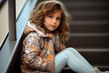 Portrait of a cute little girl sitting on the stairs in the city.