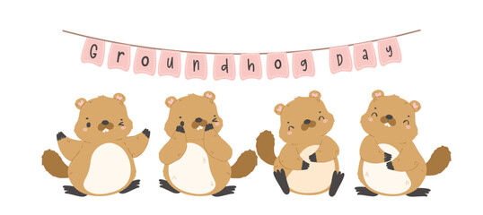 Happy groundhog day with group of cheerful cartoon groundhogs banner.