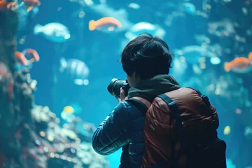 Fototapeten A male backpacker is holding a camera in the aquarium to capture marine life records  © Straxer