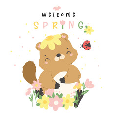 Naklejka premium Happy groundhog day with smiling baby groundhog and flowers cartoon animal