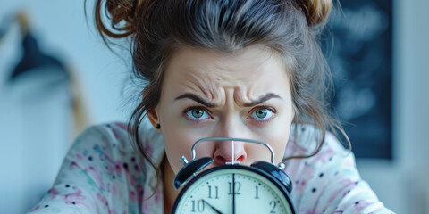 Creative concept of insomnia, sleep disorders, and problems waking up in the morning. A young woman with tousled hair, wide-eyed and puffed cheeks, facing an alarm clock.