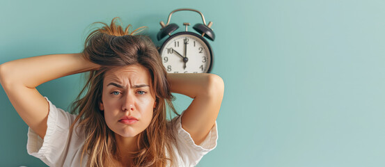 Creative concept of insomnia, sleep disorders, and problems waking up in the morning. A young woman with tousled hair, wide-eyed and puffed cheeks, facing an alarm clock, copy space.