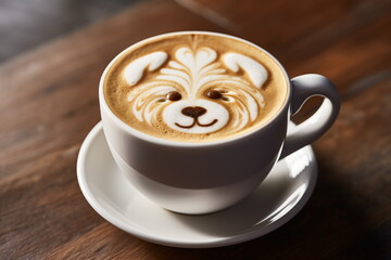 Obraz premium Top view of latte with dog latte art foam, cappuccino art, wood table background, Generated AI