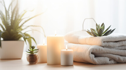 Obraz na płótnie Canvas A flat lay of a luxurious spa day setting with scented candles a plush towel a face mask essential oils and a small succulent on a serene white surface.