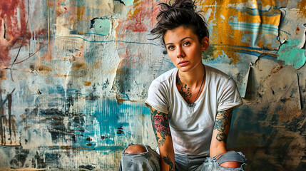 Young woman with ripped jeans and tattoos squatting in front of an abstract graffiti-covered wall