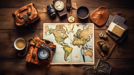 Fototapeta na wymiar A flat lay of an adventurous travel kit with a vintage map a compass a leather-bound journal a pair of binoculars and a camera on an old wooden surface.