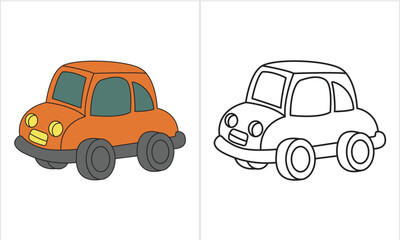 Orange car side view illustration vector Coloring Book, Cartoon Vector Illustration of Black and White Cars. Illustration for the children, coloring page with orange cartoon car. Doodle Comic 