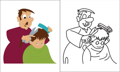 Cute hairdresser, retro barber man. Coloring page and colorful clipart character. Cartoon design for t shirt print, icon, logo, label, patch or sticker. Vector illustration.