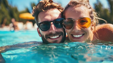 Young couple wearing sunglasses, having fun and relaxing in resort swimming pool or sea. Summer holiday and vacations concept - obrazy, fototapety, plakaty
