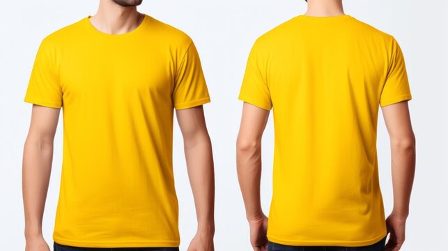 a man wearing a yellow t shirt front and back side on a white background