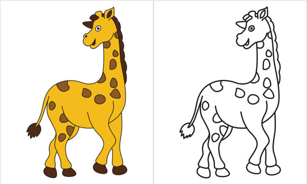 little giraffe with closed eyes. African animal wildlife vector illustration icon. Coloring page. Little cute giraffe stands and smiles.