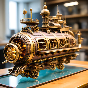 An incredibly detailed mechanical model of a steampunk submarine is in the room.