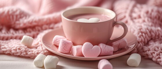 Obraz na płótnie Canvas Pink mug on a pink background filled with marshmallows in the form of hearts. Valentine's day holiday concept