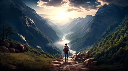 Fototapeta premium A man with a backpack walks in a valley with mountains in the background and a river. Ai generated.