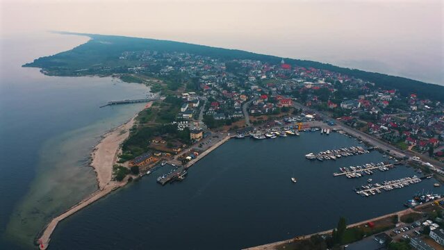 Aerial view of marina in Hel penisula in Jastarnia, Poland at sunny summer day