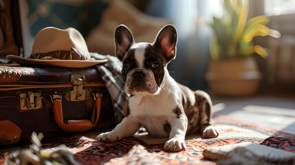 Cute French Bulldog puppy sits in a suitcase and travels with pets while traveling. generative AI - obrazy, fototapety, plakaty
