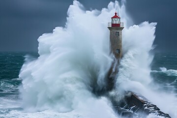 Fototapeta na wymiar Begining of an amazing wave on la Jument Lighthouse 