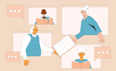 Senior book club online. Elderly people reading together and communication remote. Retirement community helps for lifestyle dealing with loneliness and boredom.Vector illustration