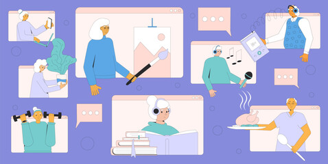 Senior aged people hobby and leisure activities. Older adults spending time together online. Retired lifestyle