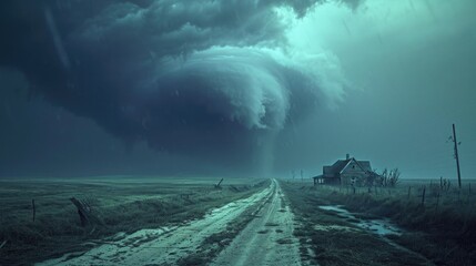 A powerful tornado moves under the road. Catastrophic natural phenomenon