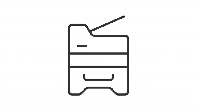 Animated photocopier icon. Copying document line animation. Copy machine in office. Multifunction printer. Black illustration on white background. HD video with alpha channel. Motion graphic