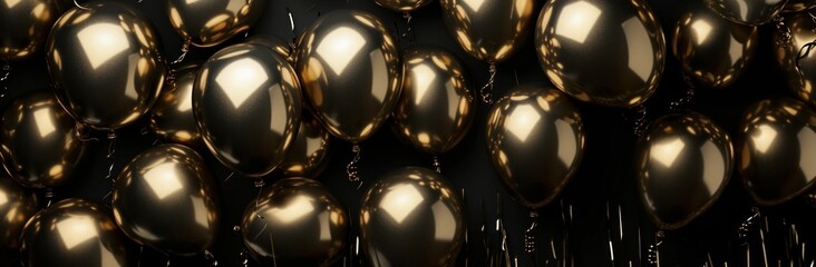 birthday or celebration background, black background with gold shiny balloons.