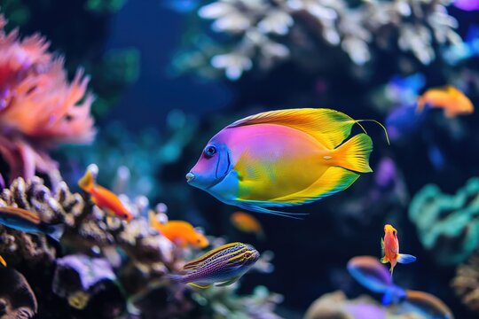 Brightly colored tropical fish in a salt water aquarium. 