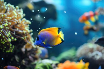 Naklejka na ściany i meble Brightly colored tropical fish in a salt water aquarium. 