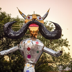 Ravnans being ignited during Dussera festival at ramleela ground in Delhi, India, Big statue of...
