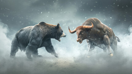 Bear fighting with bull for concept of stock market exchange trend condition or financial technology,  bull and bear. - obrazy, fototapety, plakaty