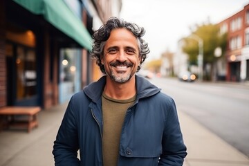 Portrait of a handsome middle-aged man smiling in the city - obrazy, fototapety, plakaty