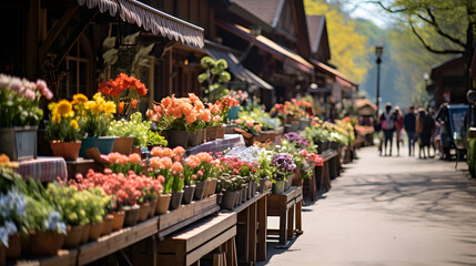 A charming country market, with colorful flower stalls as the background, during a bustling spring weekend