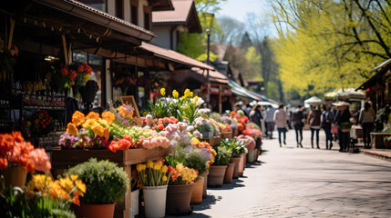 Fototapeta na wymiar A charming country market, with colorful flower stalls as the background, during a bustling spring weekend