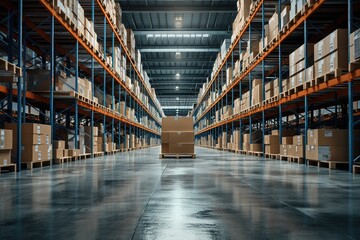 Distribution Warehouse With Cardboard Boxes On The Racks And On The Floor 