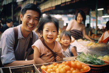 A delighted Asian father shares a laugh with his young daughters, son and wife in the background, amidst colorful fruit stalls in a busy market.
