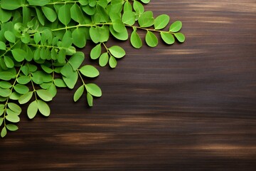 Fresh moringa leaves on wooden background. Top view with copy space