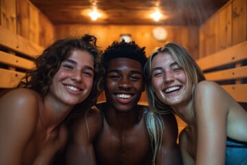 Fototapeta premium Multiracial friends relaxing in the sauna