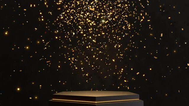 Black podium with gold confetti rising, Platform for product display