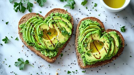 Love-Inspired Sant Valentine's day Brunch, Heart-Shaped Avocado Toasts Drizzled with Olive Oil on a...