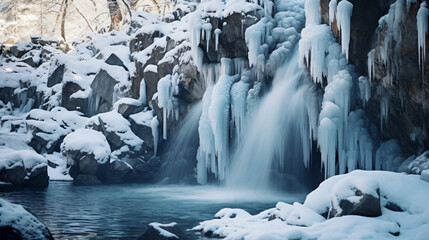 A frozen waterfall with icicles and snow-covered rocks in a winter wonderland setting.
