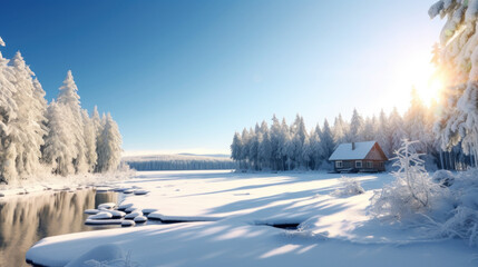 Winter Cabin by a Frozen Lake in Snowy Forest