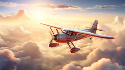 Fototapeta na wymiar Vintage Aircraft Soaring at Sunset