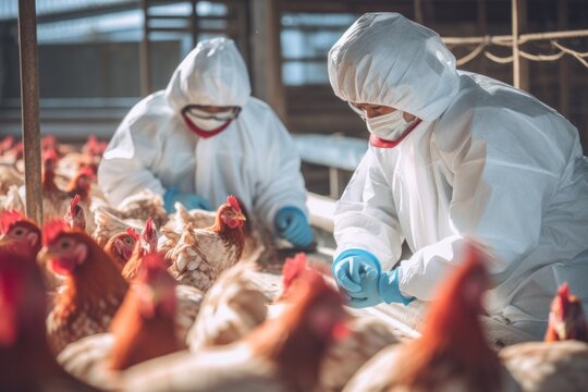 Experts wearing blue suits and protective masks are inspecting to check for germs in a chicken farm.