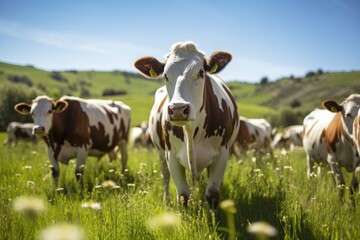 Fototapeta na wymiar Cows graze on a quiet farm
