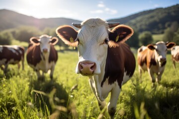 Fototapeta na wymiar Cows graze on a quiet farm