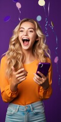 Excited girl with smartphone Happy student customer using mobile phone to celebrate on vertical purple background